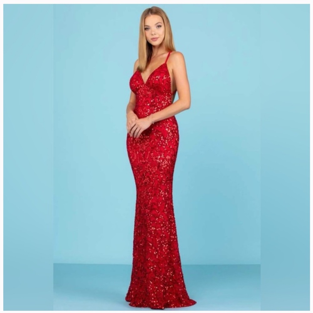 Scala Red Sequin Embellished Prom Gown